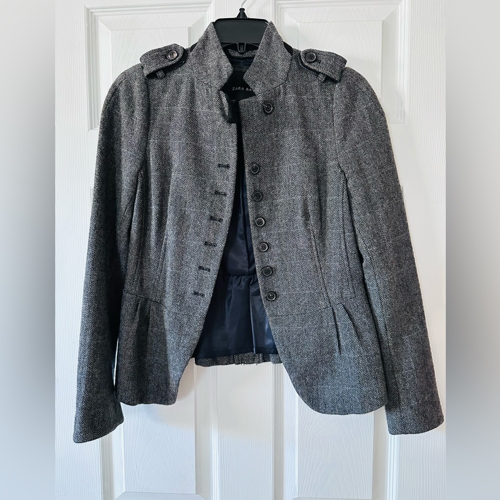 Zara Charcoal Herringbone Peplum Blazer 100% wool